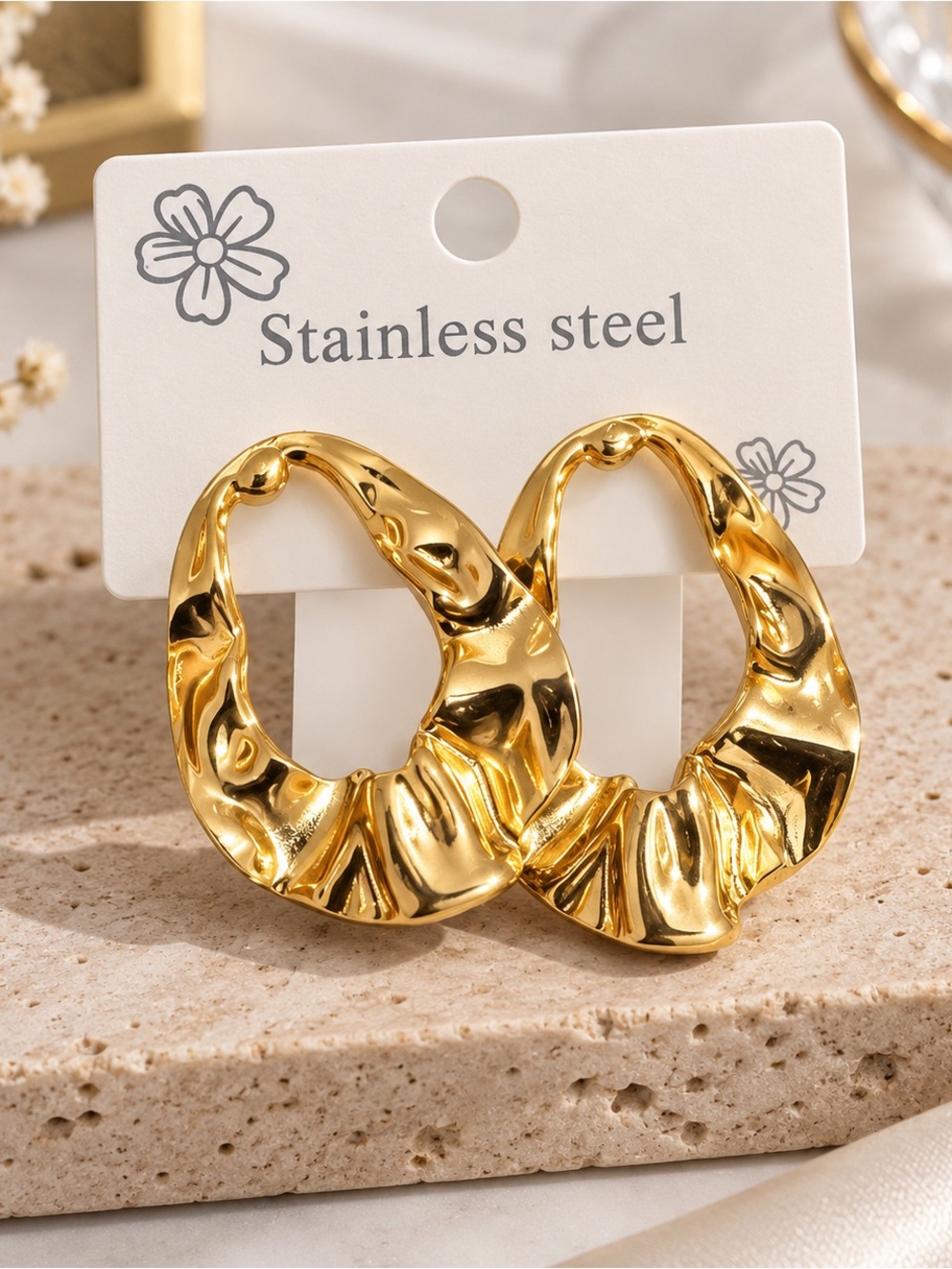 Gold Stainless Steel Sculpted Hoop Earrings